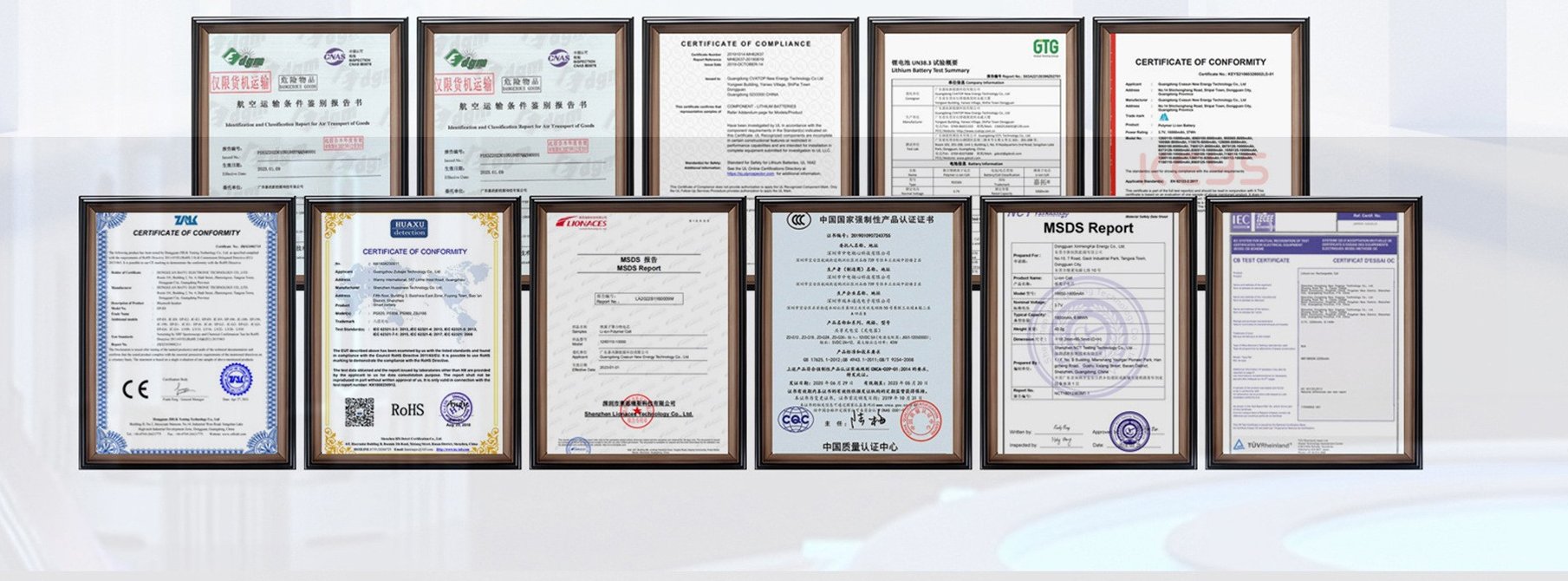 Power bank certification wall: UN38.3 air transport reports, IEC 62133-2 CB certificate, CE and RoHS conformity certificates, MSDS reports, lithium battery test summary and China CCC certification